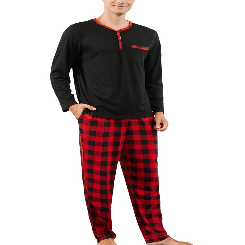 Yukiuiny Mens Long Sleeve Pyjama Sets Red and Black Plaid Pajama Pants, Black Cotton Top/Red Black Bottom XL