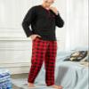 Yukiuiny Mens Long Sleeve Pyjama Sets Red and Black Plaid Pajama Pants, Black Cotton Top/Red Black Bottom XL view 2