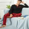 Yukiuiny Mens Long Sleeve Pyjama Sets Red and Black Plaid Pajama Pants, Black Cotton Top/Red Black Bottom XL view 4