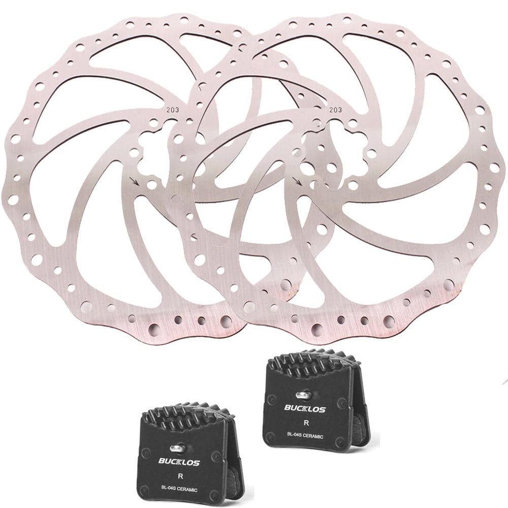 BUCKLOS 203mm MTB Disc Brake Rotor with 6 Bolts and BL-04S 2 Pair Disc Brake Pads for Ceramic Shimano H03A H03C D02S D03S M640 M820 M6120 M7120
