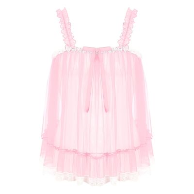 Freebily Men's Sissy Lingerie Lace Trim Camisole Tank Tops Sleepwear Crop Tops Sexy Chemise Tops Pink Large