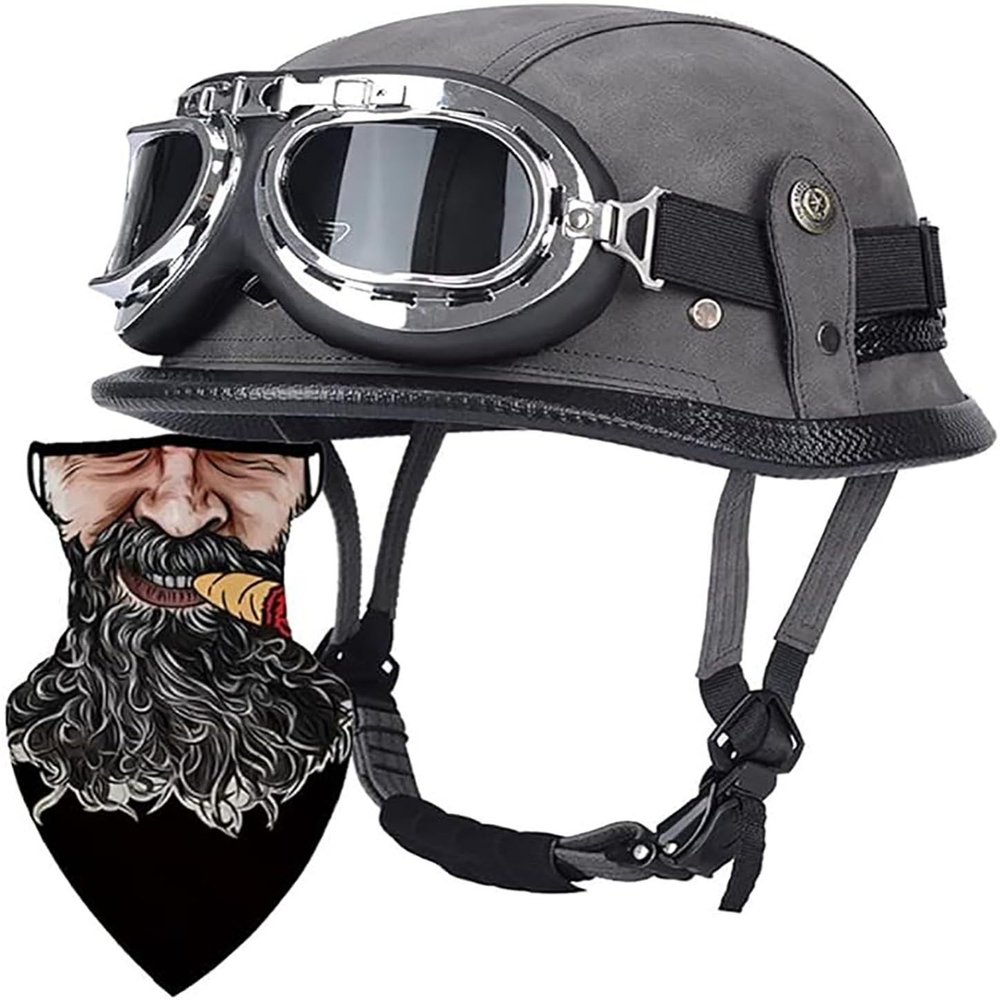 German Style Motorcycle Helmet Thin Skull Cap Half Helmet with Goggles for Adult Men Women, Retro Half Face Helmet DOT Approve Helmet Novelty Half Helmet for Cruiser Scooter Chopper 13,M