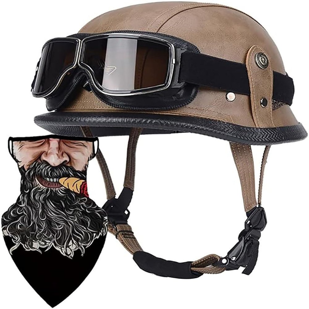 German Style Motorcycle Helmet Thin Skull Cap Half Helmet with Goggles for Adult Men Women, Retro Half Face Helmet DOT Approve Helmet Novelty Half Helmet for Cruiser Scooter Chopper 14,L