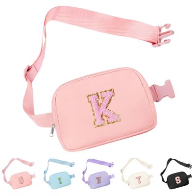 Aganmi Belt Bag for Women Fanny Pack, Chenille Initial Fashion Crossbody Waist Pack with Adjustable Strap, Waterproof Fanny Belt Bag for Purse Travel Outdoors Running Hiking(Pink K)