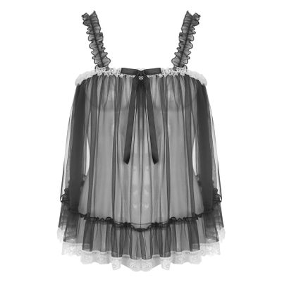 Agoky Men's Sissy Lingerie Chemise Tops Mesh Sheer Lace Pajamas Lace Pleated Tank Tops Nightwear Black XX-Large