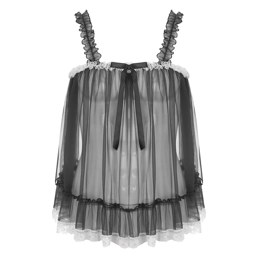 Agoky Men's Sissy Lingerie Chemise Tops Mesh Sheer Lace Pajamas Lace Pleated Tank Tops Nightwear Black XX-Large