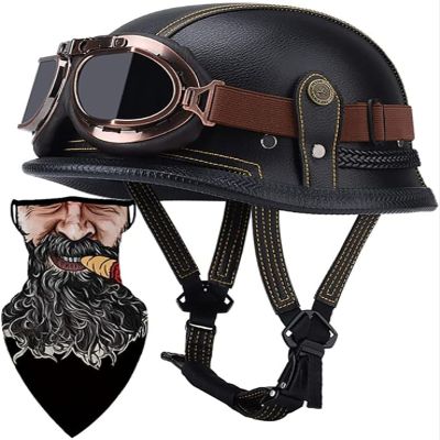 German Style Motorcycle Helmet Thin Skull Cap Half Helmet with Goggles for Adult Men Women, Retro Half Face Helmet DOT Approve Helmet Novelty Half Helmet for Cruiser Scooter Chopper 11,L