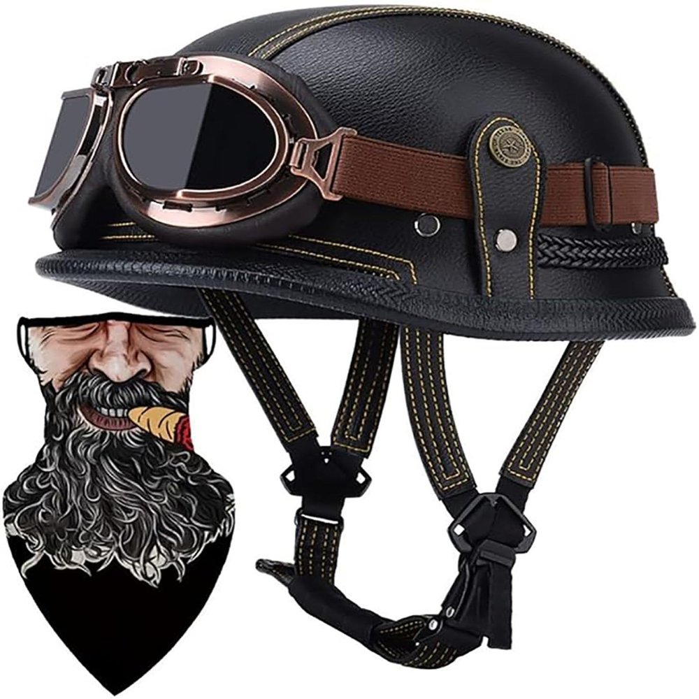 German Style Motorcycle Helmet Thin Skull Cap Half Helmet with Goggles for Adult Men Women, Retro Half Face Helmet DOT Approve Helmet Novelty Half Helmet for Cruiser Scooter Chopper 11,L
