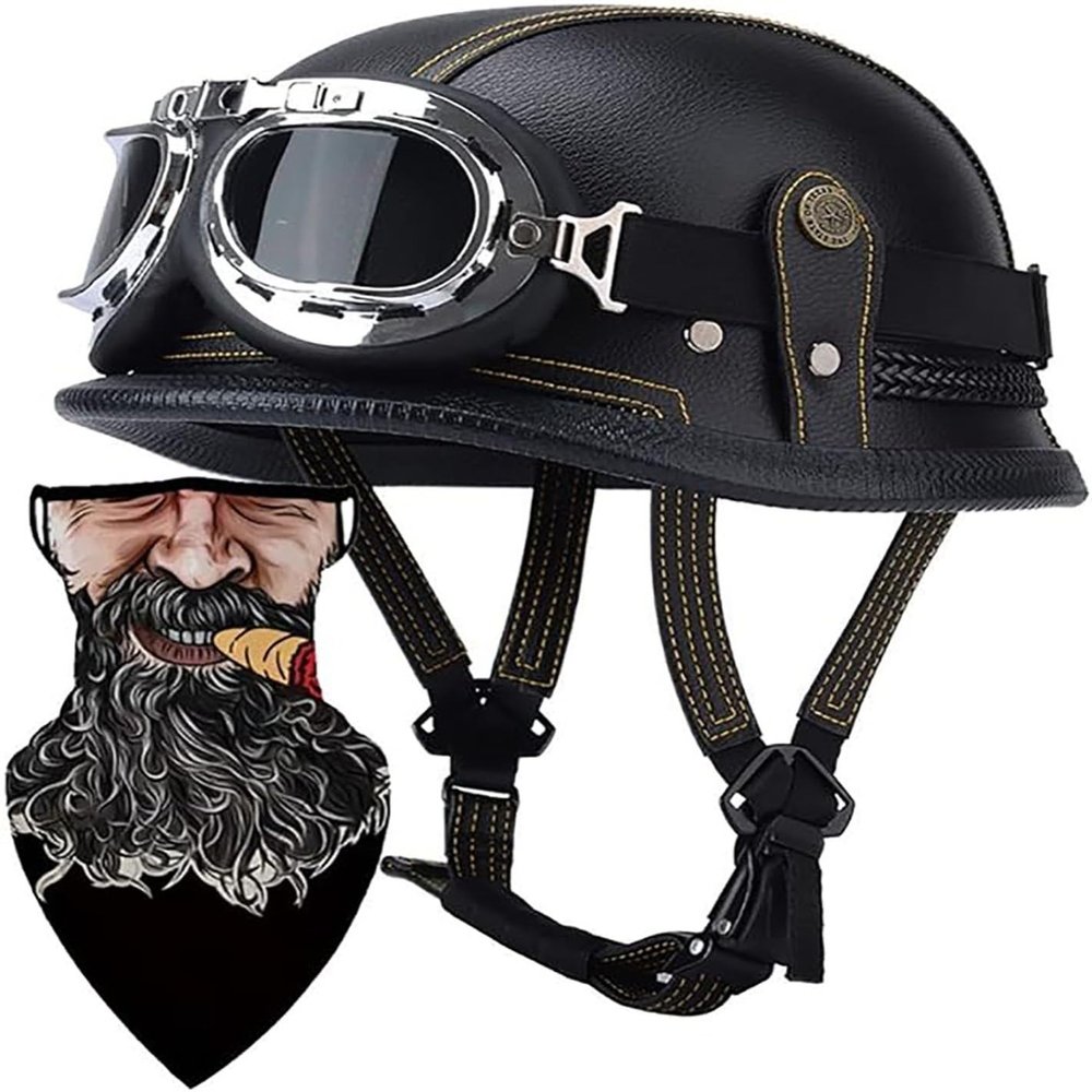 German Style Motorcycle Helmet Thin Skull Cap Half Helmet with Goggles for Adult Men Women, Retro Half Face Helmet DOT Approve Helmet Novelty Half Helmet for Cruiser Scooter Chopper 7,XXL