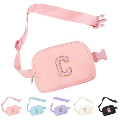 Aganmi Belt Bag for Women Fanny Pack, Chenille Initial Fashion Crossbody Waist Pack with Adjustable Strap, Waterproof Fanny Belt Bag for Travel Girls Birthday Graduation Gifts(Pink C)