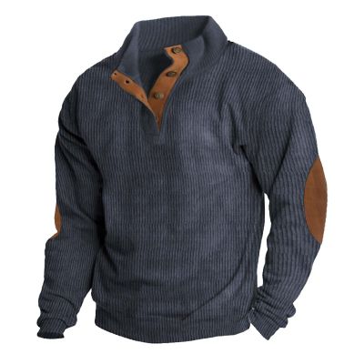 QWENTMTNTY Corduroy Shirt Men Slim Fit Casual Lightweight Fleece Fleece Pullover Men Big and Tall Long Sleeve Mock Neck Sweater Polo Sweatshirts A-Blue