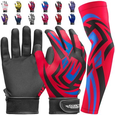 Exxact Sports Youth Batting Gloves with Arm Sleeve for Boys & Girls, Kids Baseball Batting Gloves for Softball, T-Ball (Youth L/XL, Red Tattoo)
