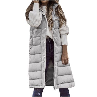 hlysgo Women'S Long Quilted Vest Sleeveless Maxi Length Puffer Vest Zipper & Button Up Casual Down Coat Winter Outerwear Gray