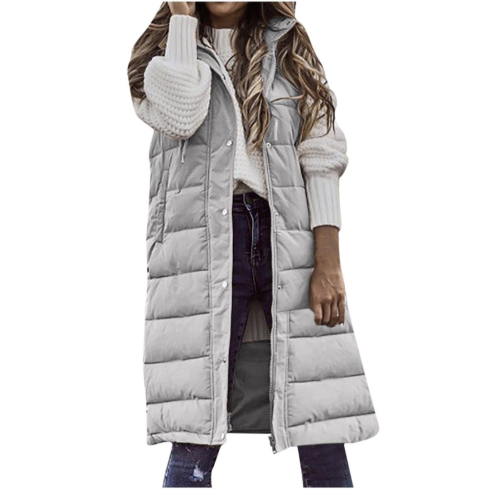 hlysgo Women'S Long Quilted Vest Sleeveless Maxi Length Puffer Vest Zipper & Button Up Casual Down Coat Winter Outerwear Gray
