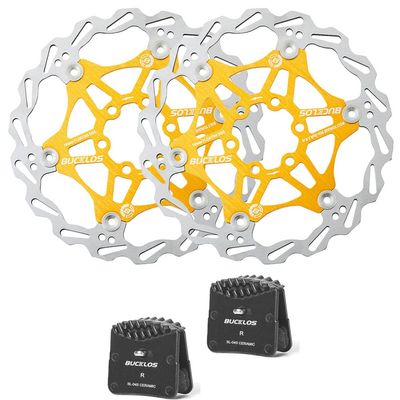 BUCKLOS 160mm Gold Floating Disc Brake Rotor Stainless Steel MTB Brakes Rotors and BL-04S 2 Pair Disc Brake Pads for Ceramic Shimano H03A H03C D02S D03S M640 M820 M6120 M7120