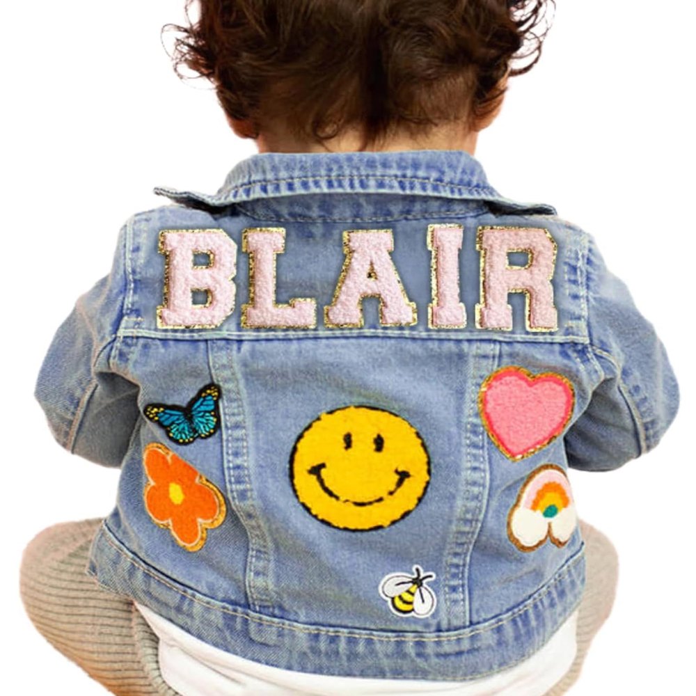 ROSLILY Personalized Kids Denim Patch Jacket with Names Gifts for Girls Boys Toddles (3-4T(110cm), Light Blue), Sewn On Patch