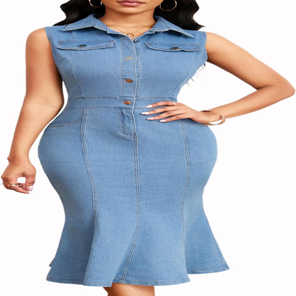 Sexy Denim Dress for Women Elegant Lapel V Neck Button Down Sleeveless Mermaid Midi Dresses for Party Club Night with Pocket
