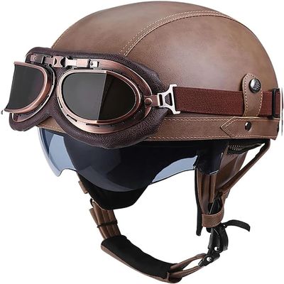 YMKJGZS German Style Leather Motorcycle Half Helmet - DOT Approved Vintage Cap Half Face Shell Motorcycle Helmets for ATV Adults Men Women Cruiser Chopper Built-in Goggles (10,XL)