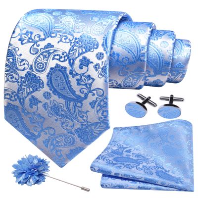 GUSLESON Mens Light Blue Tie for Wedding Sky Blue Silk Paisley Necktie Pocket Square Cufflinks and Lapel Pin Brooch Set (6105-21)