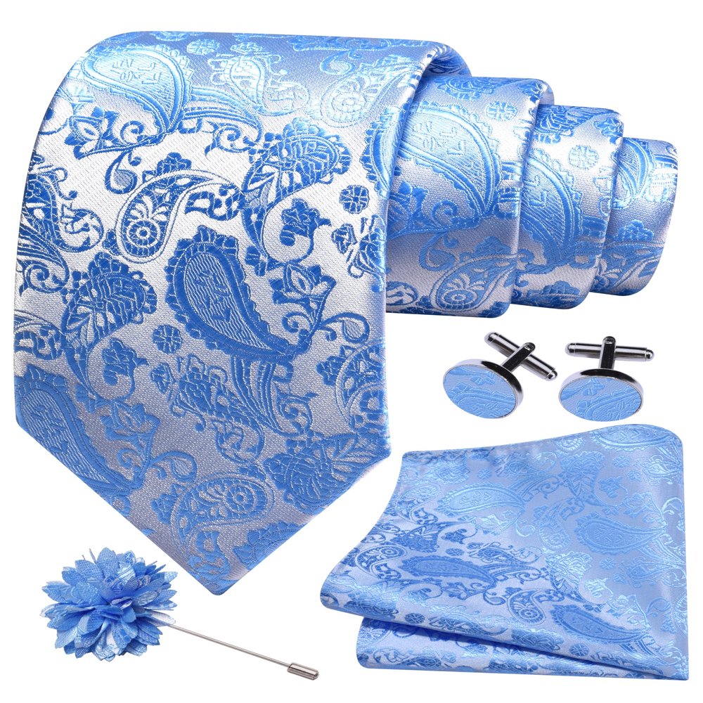 GUSLESON Mens Light Blue Tie for Wedding Sky Blue Silk Paisley Necktie Pocket Square Cufflinks and Lapel Pin Brooch Set (6105-21)