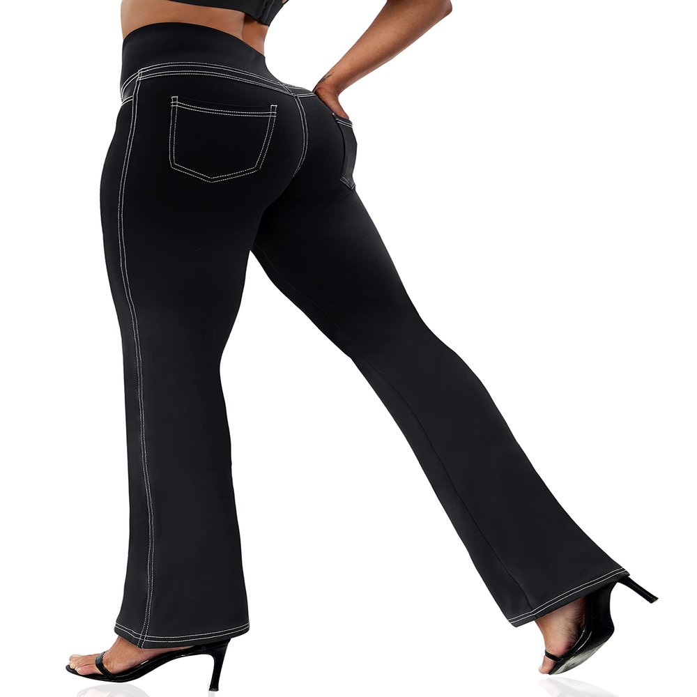 VOOVEEYA Casual Bootcut Yoga Dress Pants for Women 4 Pockets-Flare Leggings High Waist Tummy Control Bootleg Work PantsBootcut-Long Black-2XL