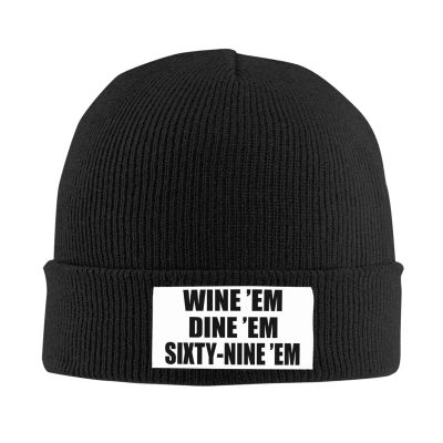 Wine Em Dine Em Sixty Nine Beanie Hat for Women Men Winter Hat Black Winter Knit Caps Soft Ski Hat Unisex