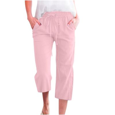 Capris for Women Casual Summer,Cotton Linen Pants Drawstring Elastic Trousers High Waisted Loose Yoga Sweatpants (Color : Pink, Size : X-Large)
