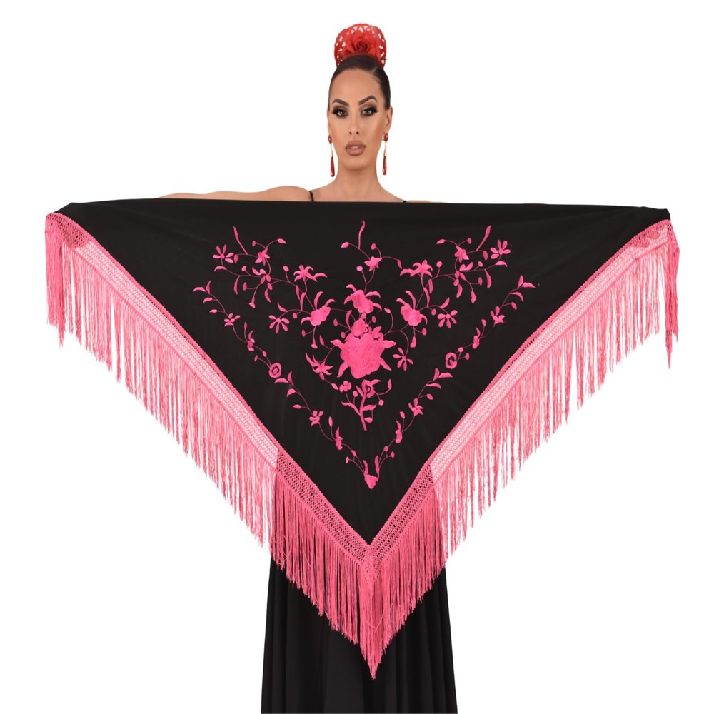 AMINA JAADE Manila shawl for falmenco dance. Middle size 63X31 inch (Bordado Fucsia)