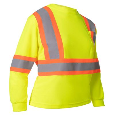 Forcefield Women's Hi Vis Crew Neck Safety Tee Long Sleeve Chest Pocket Retroreflective Tape - Lime (Small)