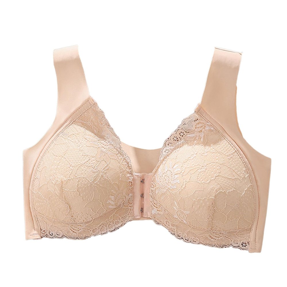 Women Lace Bra Front Closure Push Up Seamless Women's Extra-elastic Breathable Wireless Brassiere with Soft Stitching Apricot XL