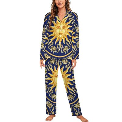 Celestial Baroque Blue Gold Sun Face Pajamas Set for Women Long Sleeve Button Down Sleepwear Soft Lounge Pjs Set with Pockets S