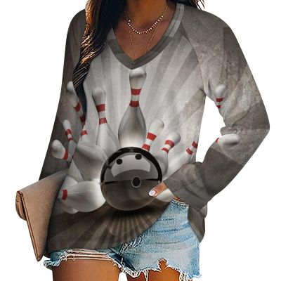 Vintage Bowling Ball Women's Casual Long Sleeve T Shirts V Neck Printed Graphic Blouses Tee Tops XL