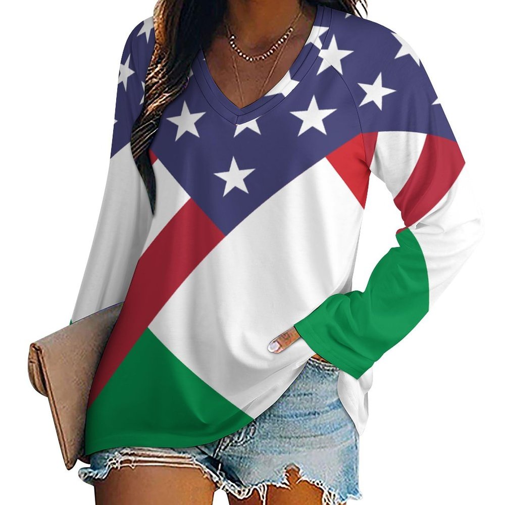 American Italy Flag Women's Casual Long Sleeve T Shirts V Neck Printed Graphic Blouses Tee Tops XL