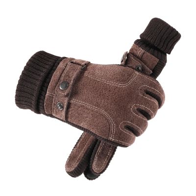 Cozy 1 Pair of Flip Fur Leather Gloves Winter Warm Waterproof Thickened Touchable Men's Coldproof Riding Gloves Coffee Color Gift