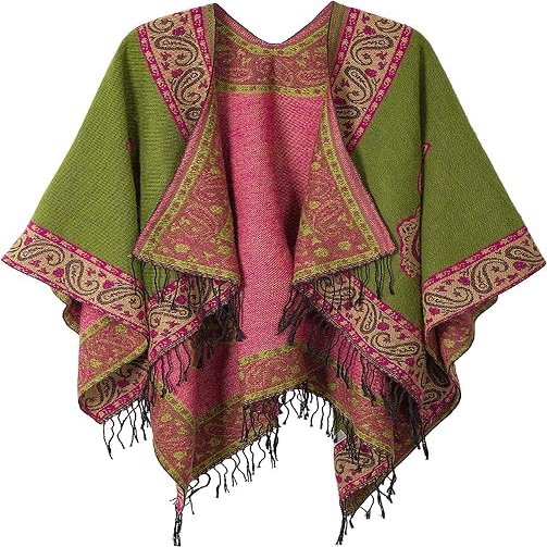 DOFOTAWN Women's Retro Style Vintage Pattern Tassel Poncho Shawl Cape Wraps For Women (Green)