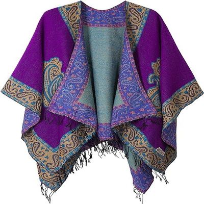 DOFOTAWN Women's Retro Style Vintage Pattern Tassel Poncho Shawl Cape Wraps For Women (PURPLE)