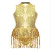 vastwit Women's Sequined Tassel Latin Jazz Costume Fringed Bodysuit Tap Ballroom Lyrical Dance Leotard Gold C X-Large view 3