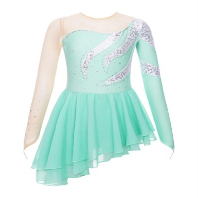 YOOJOO Kids Girls Mesh Long Sleeve Figure Ice Skating Dress Rhinestone Roller Skating Dance Performance Costume E1139LightGreen 6 Years