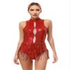 vastwit Women's Sequined Tassel Latin Jazz Costume Fringed Bodysuit Tap Ballroom Lyrical Dance Leotard Red C X-Large view 1