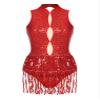 vastwit Women's Sequined Tassel Latin Jazz Costume Fringed Bodysuit Tap Ballroom Lyrical Dance Leotard Red C X-Large view 3