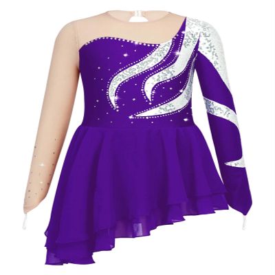 YOOJOO Kids Girls Mesh Long Sleeve Figure Ice Skating Dress Rhinestone Roller Skating Dance Performance Costume E1139Purple 10 Years