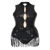 vastwit Women's Sequined Tassel Latin Jazz Costume Fringed Bodysuit Tap Ballroom Lyrical Dance Leotard Black C X-Large view 3