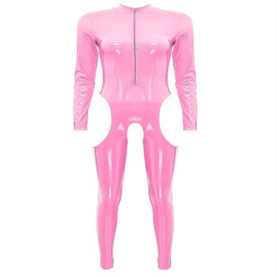 easyforever Women's Wet Look Leather Catsuits Stand Collar Zipper Front Full Bodysuit Jumpsuits Pink Medium
