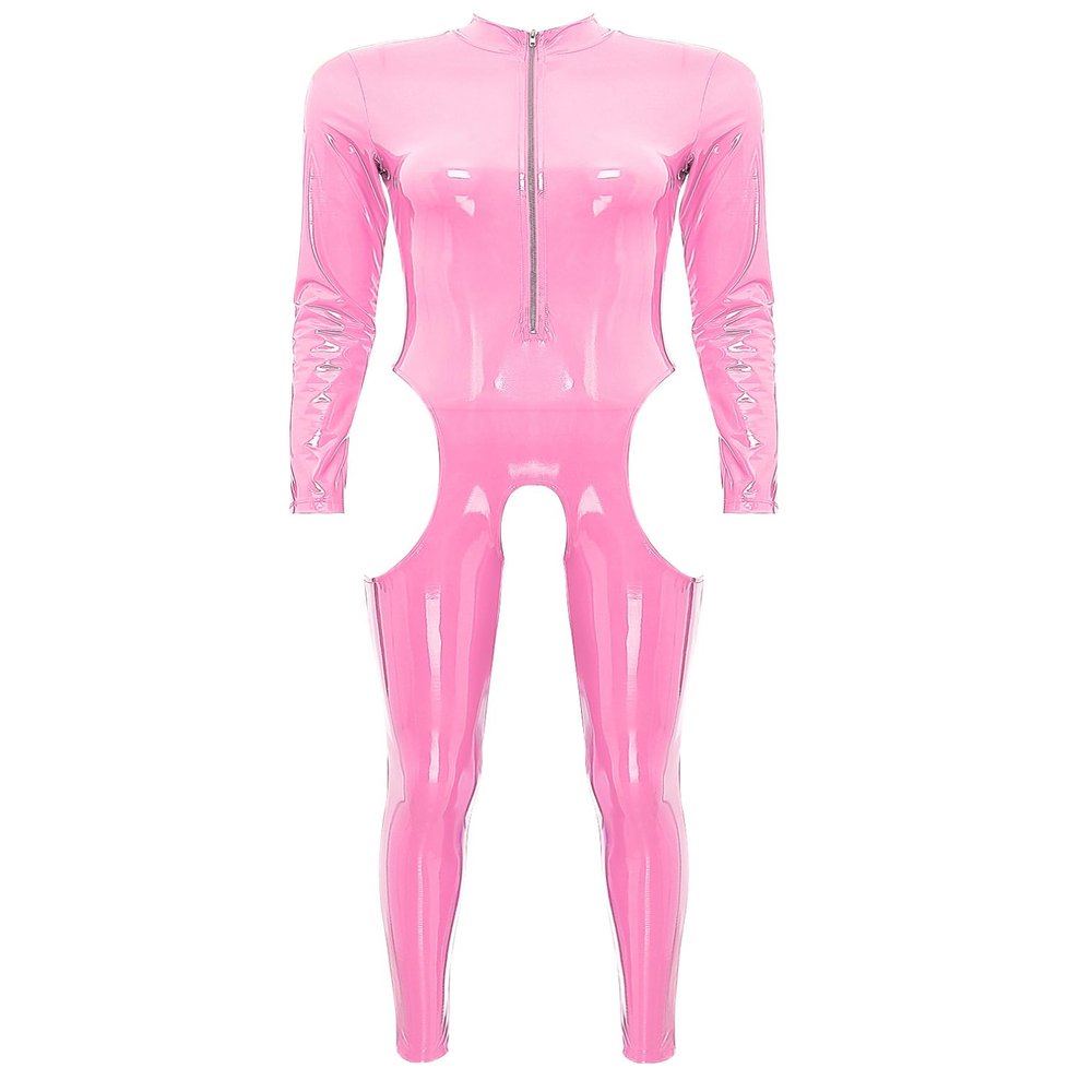 easyforever Women's Wet Look Leather Catsuits Stand Collar Zipper Front Full Bodysuit Jumpsuits Pink Medium
