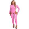 easyforever Women's Wet Look Leather Catsuits Stand Collar Zipper Front Full Bodysuit Jumpsuits Pink Medium view 3