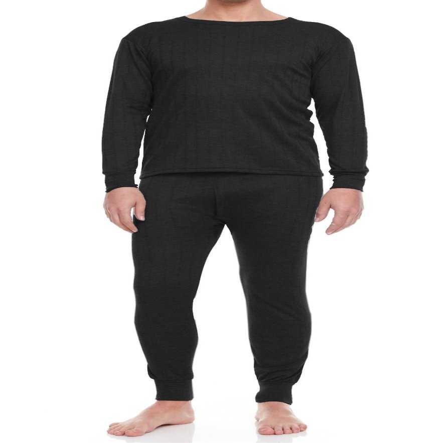Glory Max Men Fleece Lined 100% Cotton Thermal Long Johns Top Bottom Underwear Set (Black, M)