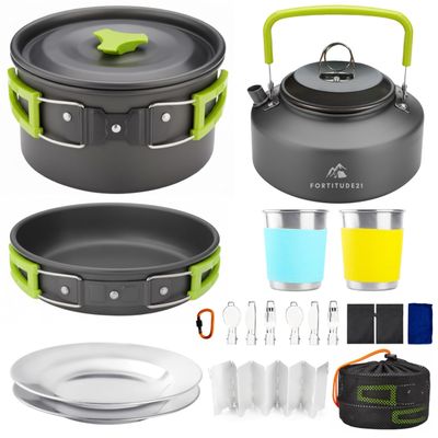 Fortitude21 Camping Cookware Set - 19-Piece Lightweight Backpacking Cookware with Pots, Pans, Utensils - Compact Outdoor Cooking Kit for Camping, Hiking, Backpacking & Survival