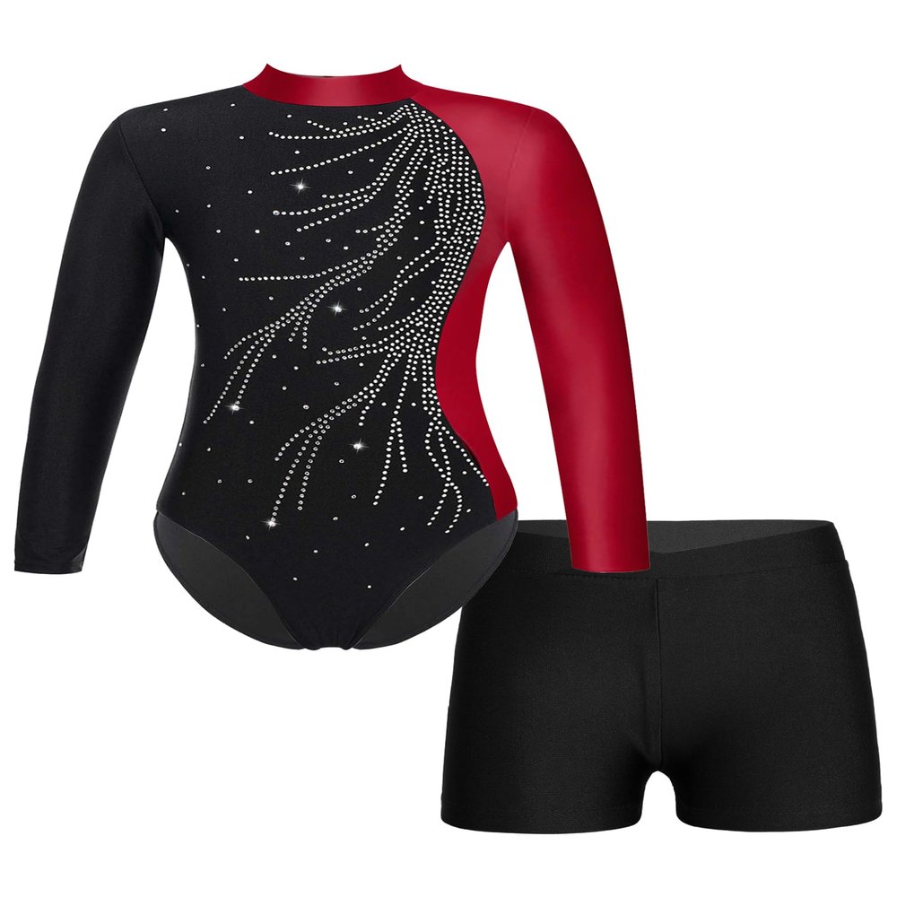 YOOJOO Girls Gymnastic Leotard Dance Leotard with Shorts Long Sleeve Gymnastic Suit Dance Biketard Unitard Bodysuit Burgundy 14 Years