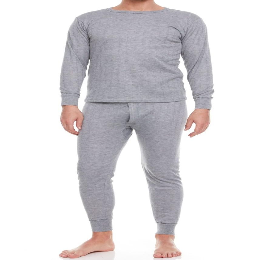 Glory Max Men Fleece Lined 100% Cotton Thermal Long Johns Top Bottom Underwear Set (Gray, XL)