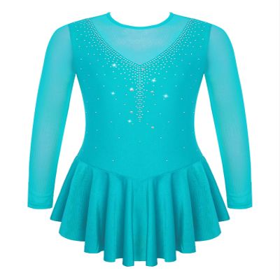 YOOJOO Girls Long Sleeves Figure Ice Skating Dress Kids Leotard Roller Skating Rhinestones Sheer Mesh Ballet Dance Dress Lake Green 12 Years